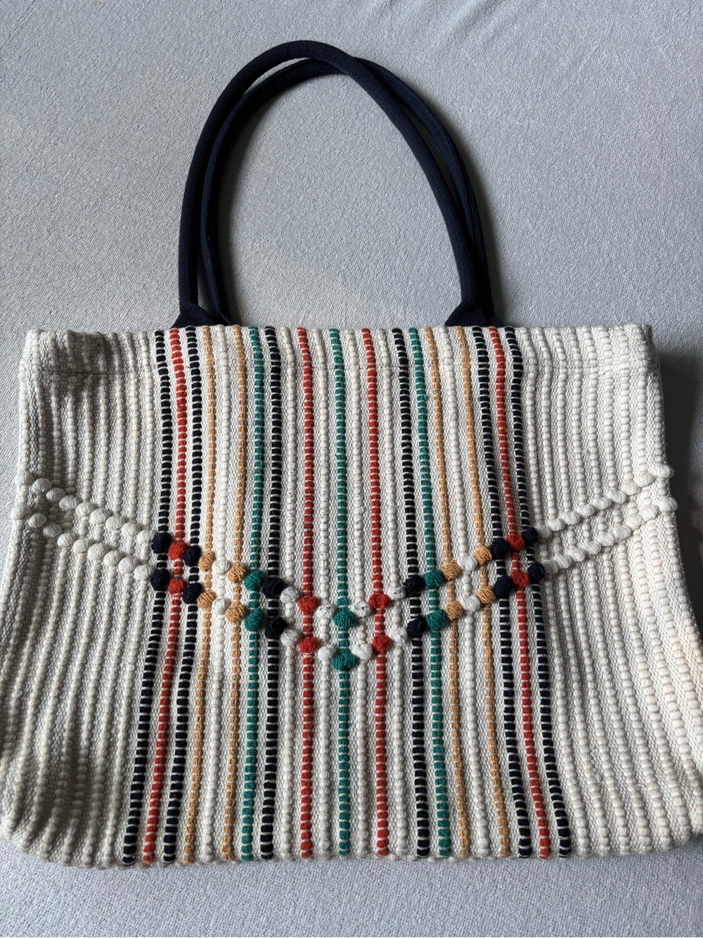 Universal Thread Cream Woven Tote with Navy Handles and Multicolor Stripes